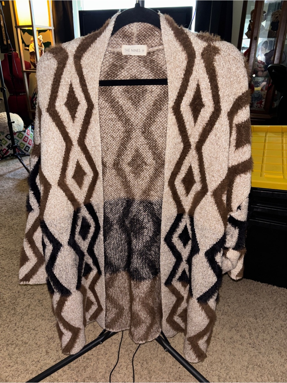 The Nines 1X Aztec Geometric Eyelash Knit Open Front Cardigan Boho Western Cozy